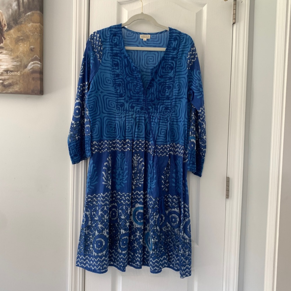 Novica Blue Batik Cotton Tunic Dress Womens Small Boho Embroidered Split Neck